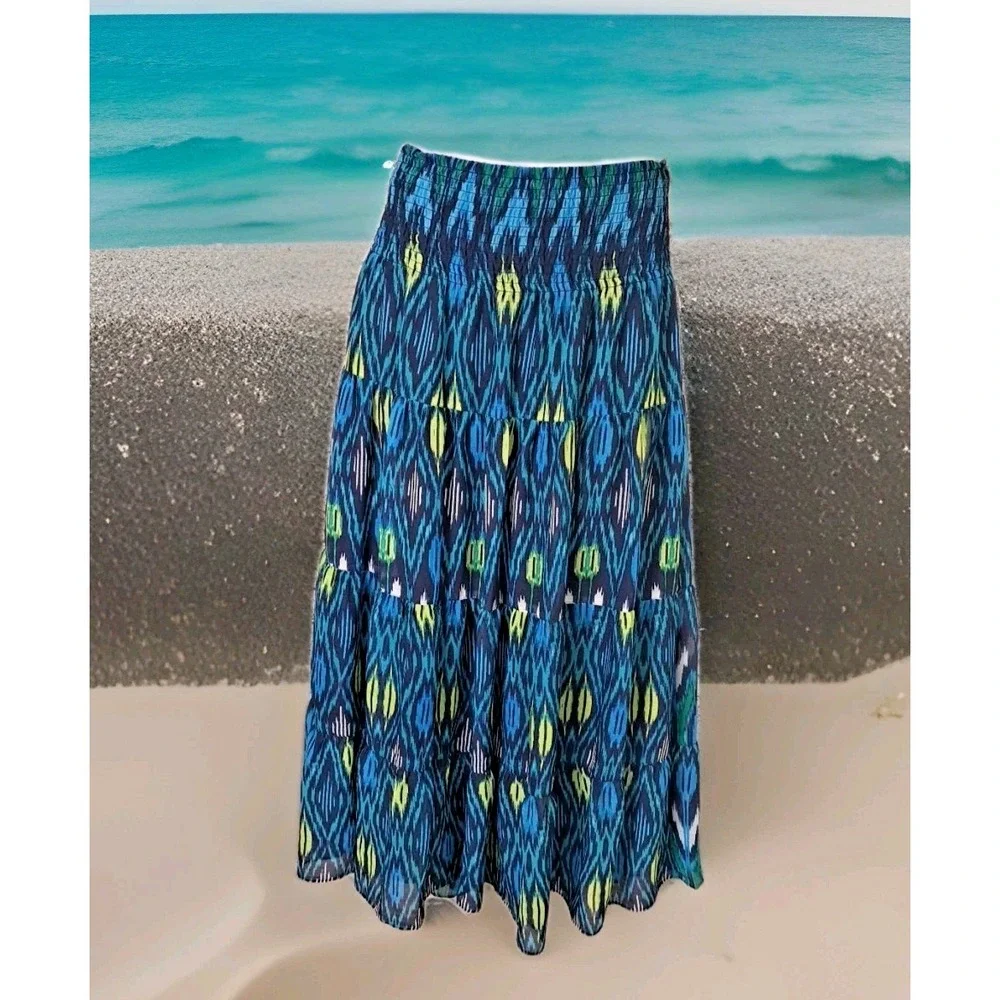 Fashion Bug Maxi Skirt 0X‎ Blue Aztec Elastic Waist Tiered Lined Beachy Boho